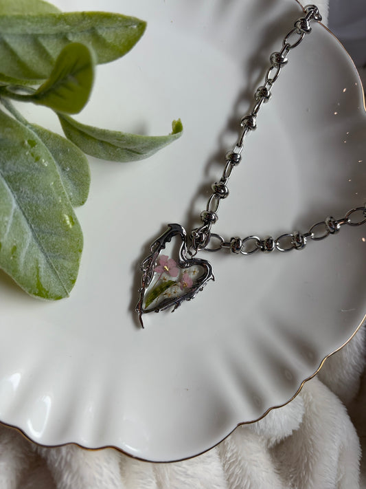 Thorny Heart Real Pink Flowers Necklace-Silver