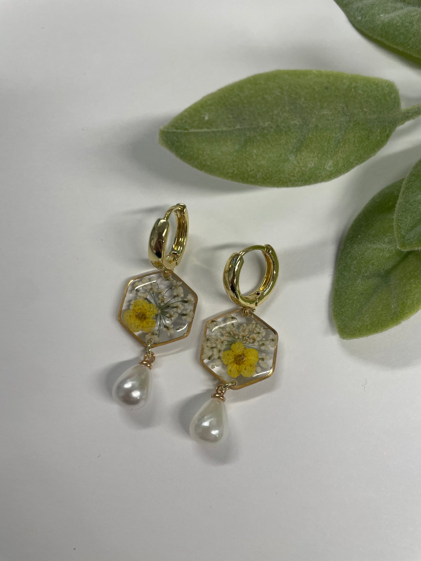 Yellow Forget me Not Flower & Pearl Earring Drop