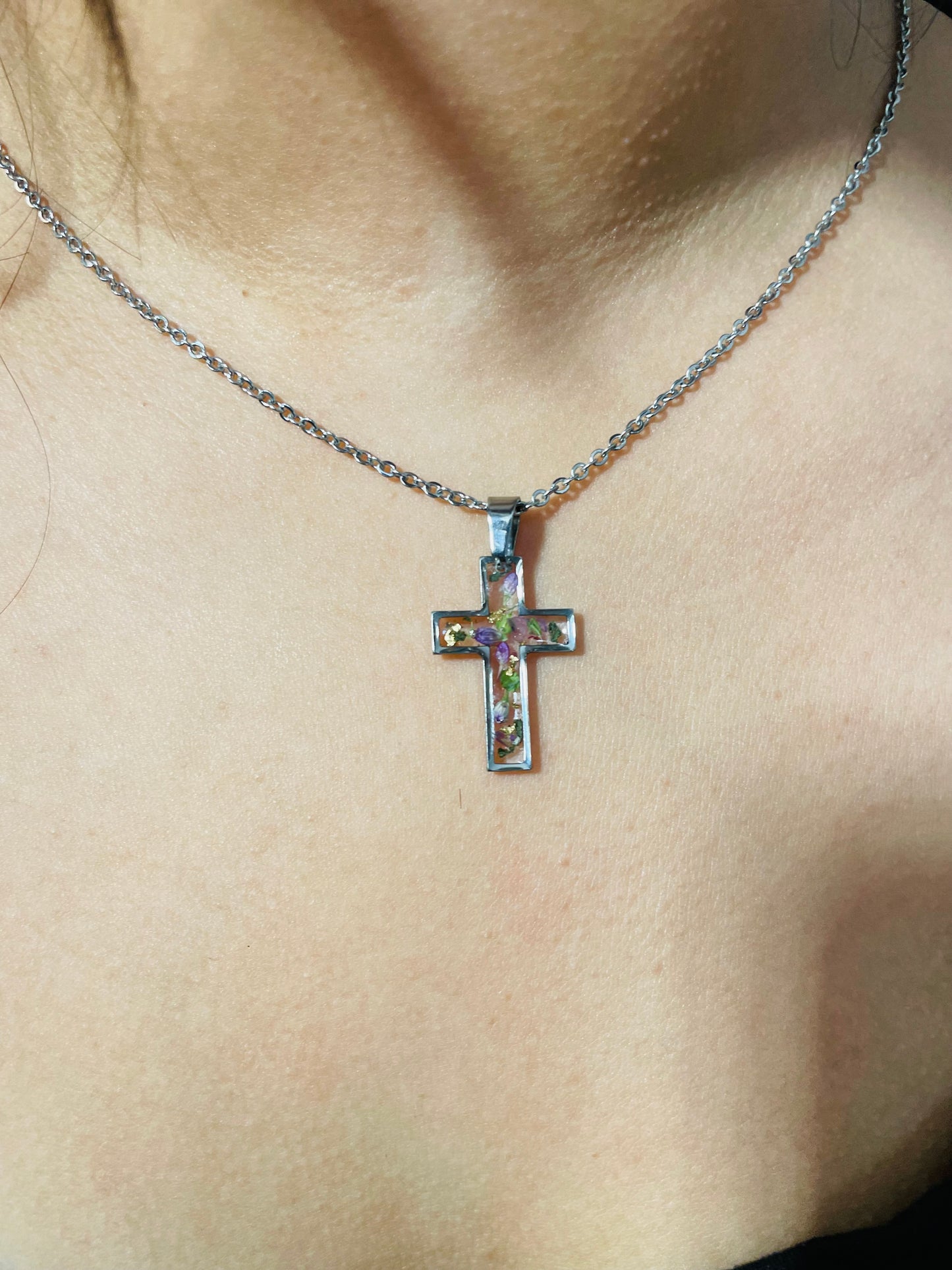 Real Flower Cross Necklace-Silver