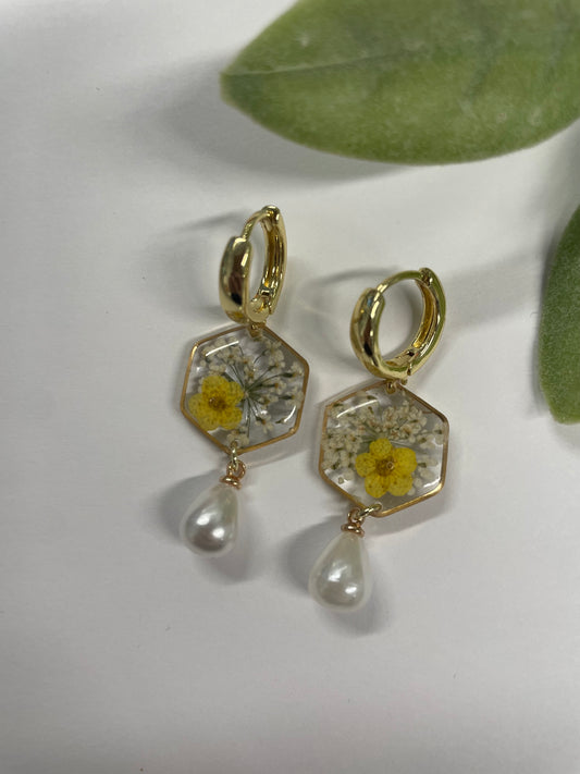 Yellow Forget me Not Flower & Pearl Earring Drop