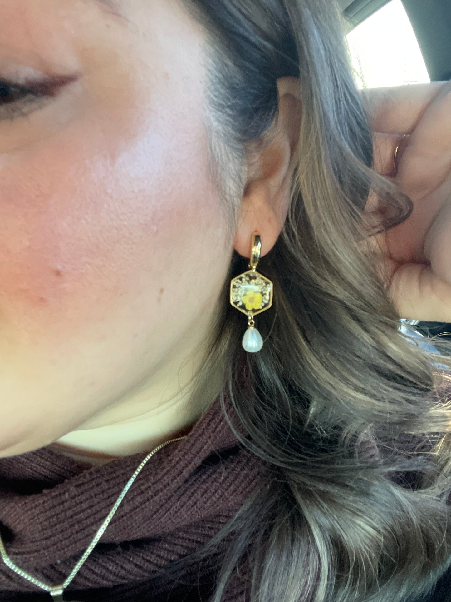 Yellow Forget me Not Flower & Pearl Earring Drop