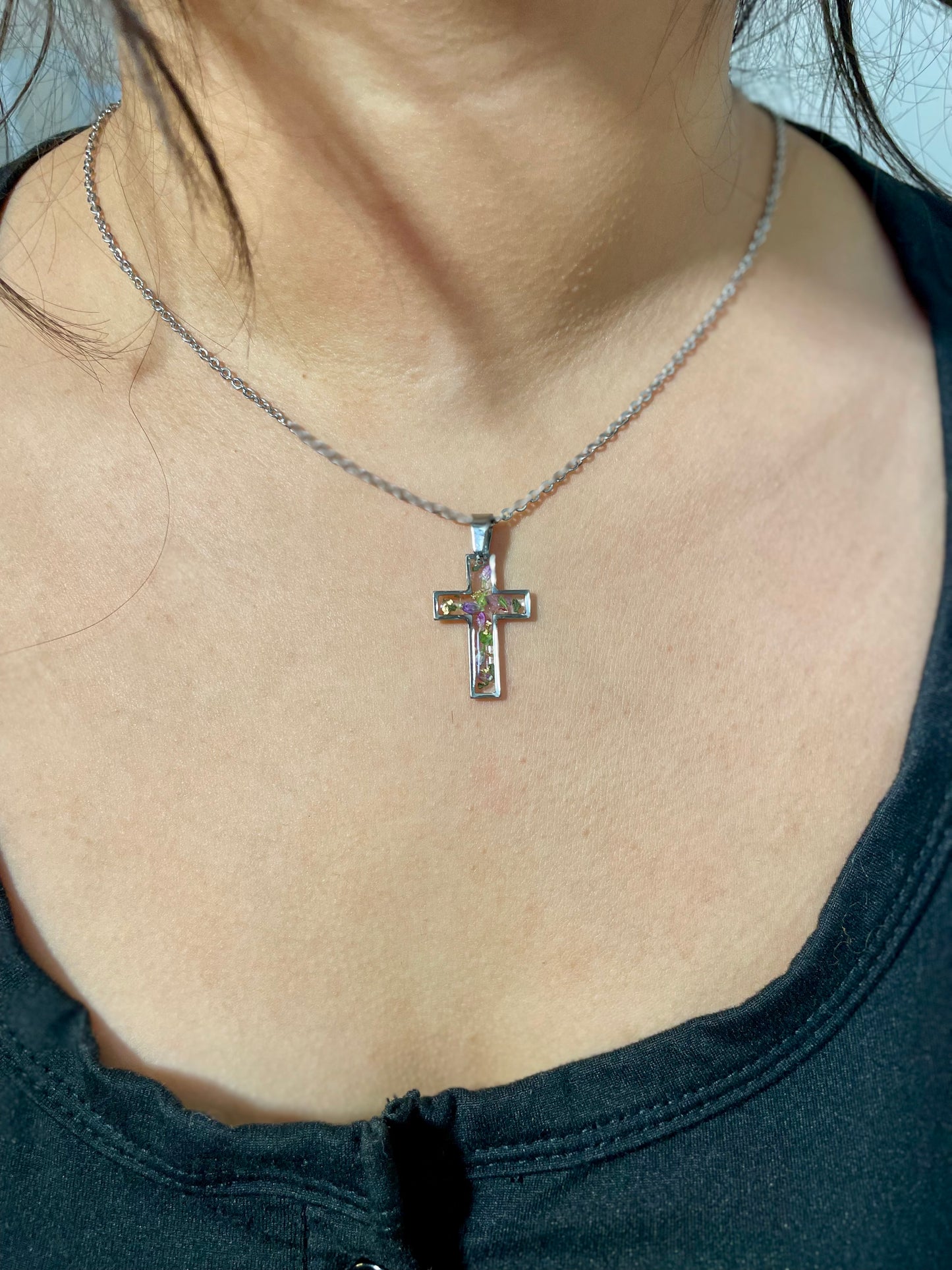 Real Flower Cross Necklace-Silver
