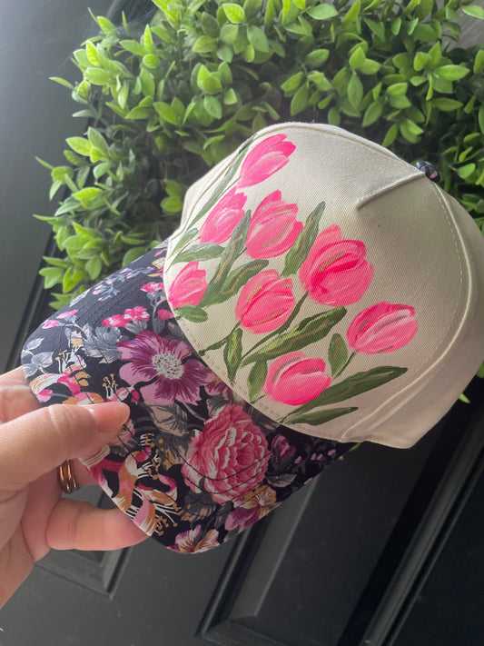 Hot Pink Tulips-Black Florals Cap