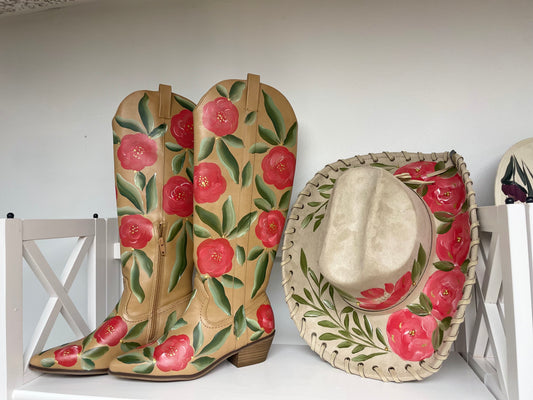 Red Camellia Hand-painted Western Boot