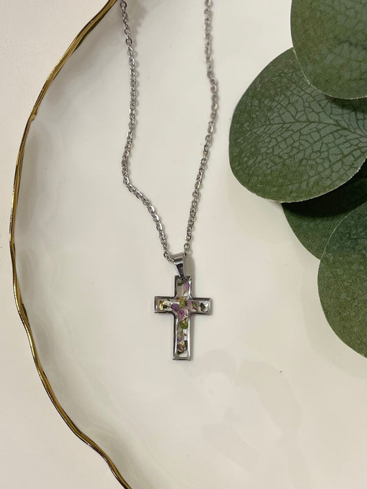 Real Flower Cross Necklace-Silver