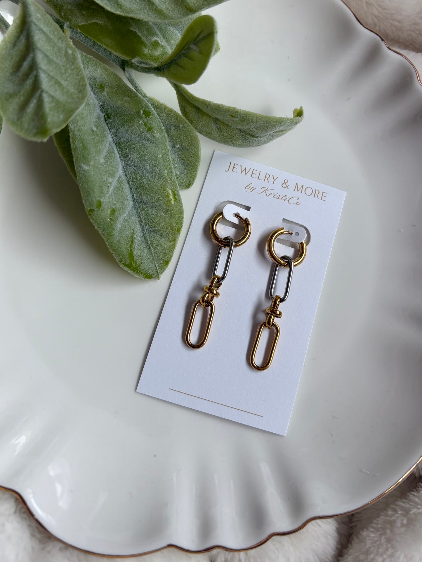 Two Toned-Two Links Huggie Drop